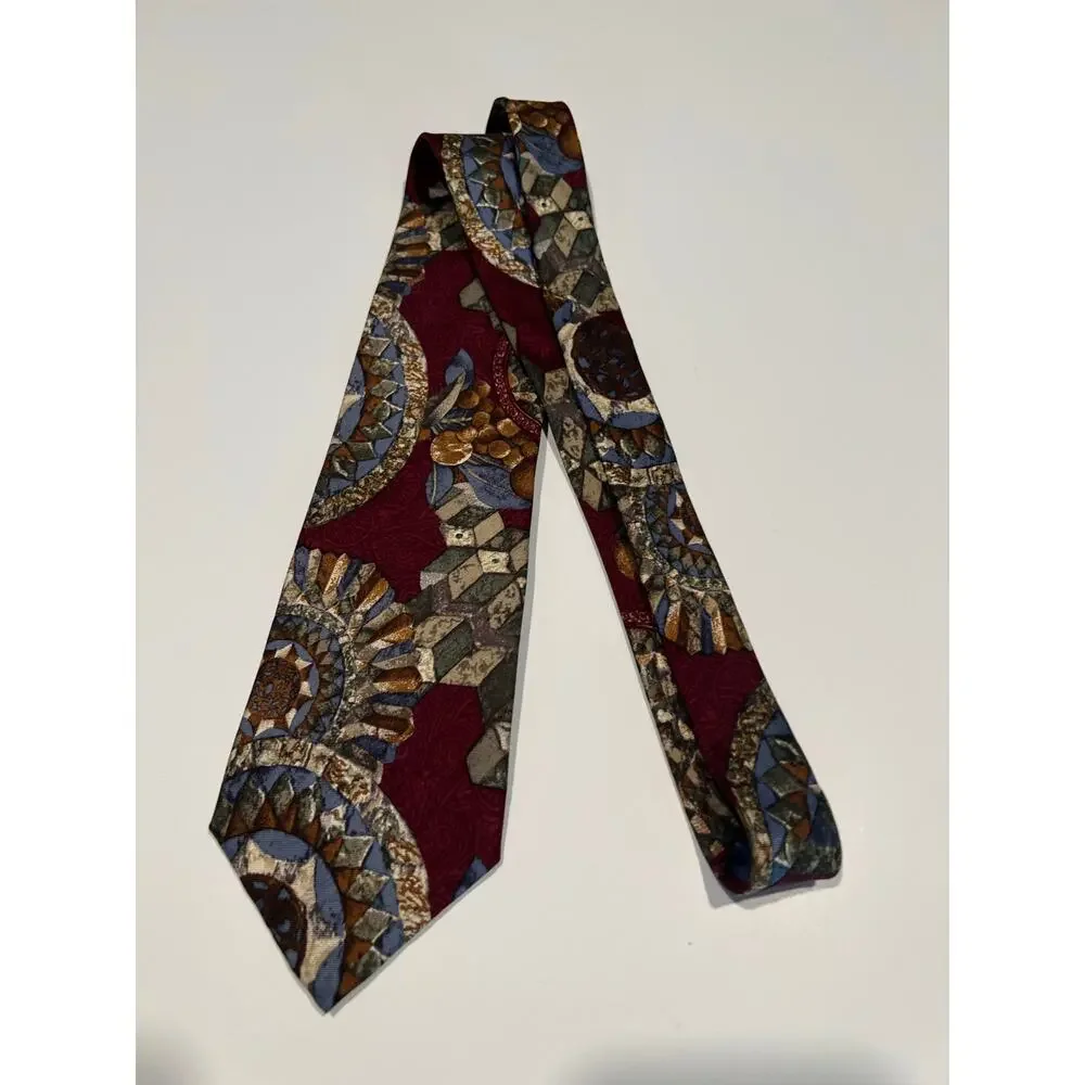 Structure Men's Necktie Imported Italian Silk Red Gold Abstract Print JL